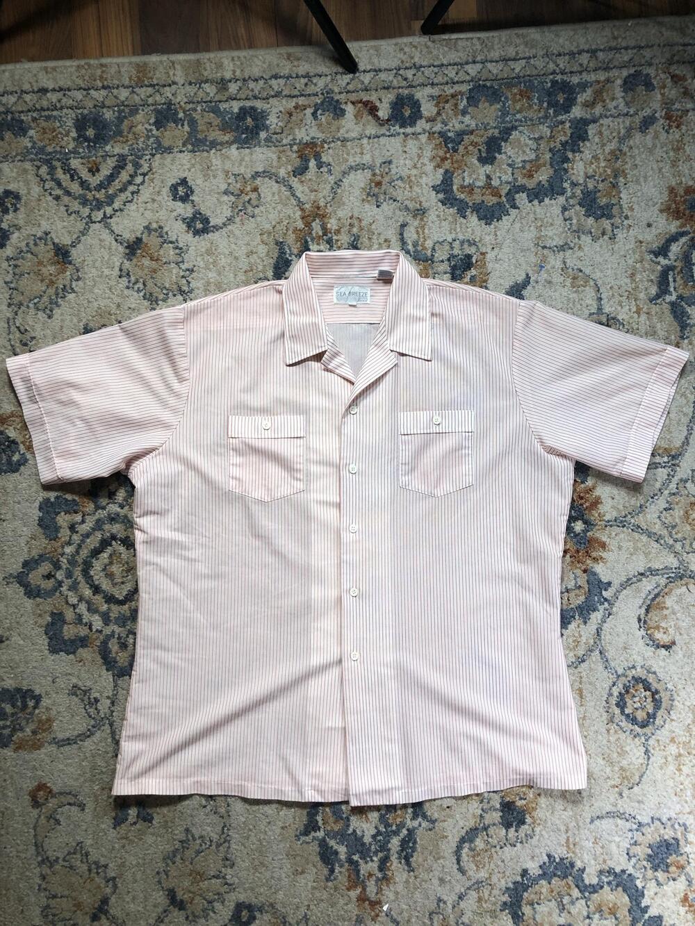 Vintage Sea Breeze Shirt Mens XL Pink Stripe Short Sleeve Button Up Pockets